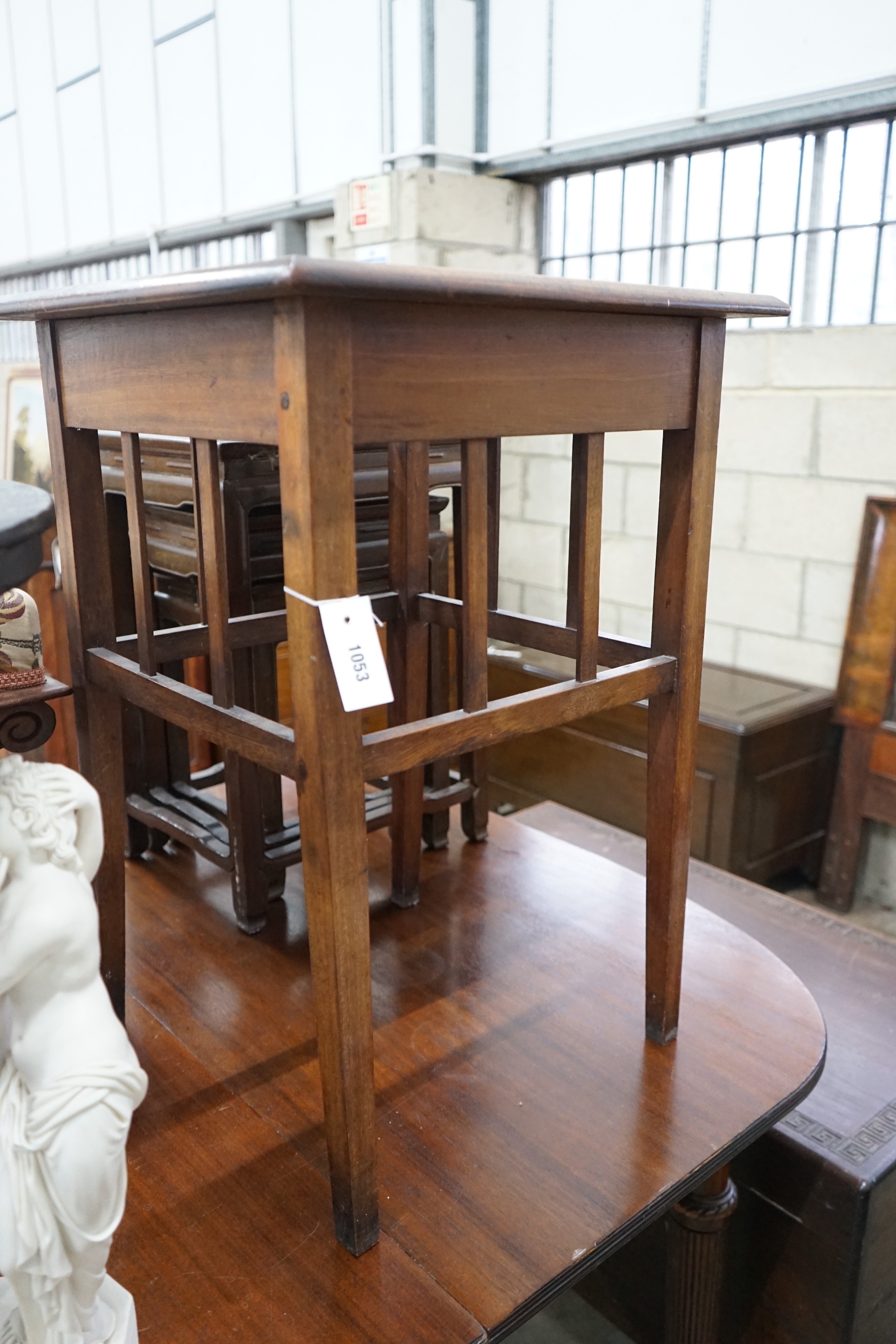 An early 20th century parquetry inlaid square occasional table and a Victorian and later painted tripod table, larger width 50cms height 72cms.